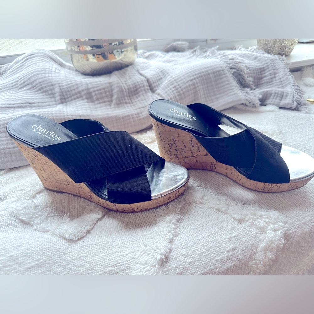 Charles David Size 7 Elastic Band Wedge Slides - image 1